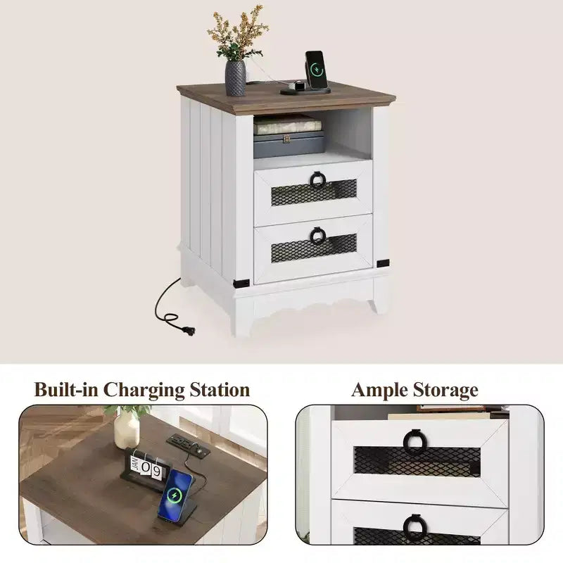 Table de chevet de ferme avec station de recharge, tiroirs et rangement ouvert, Table de chevet