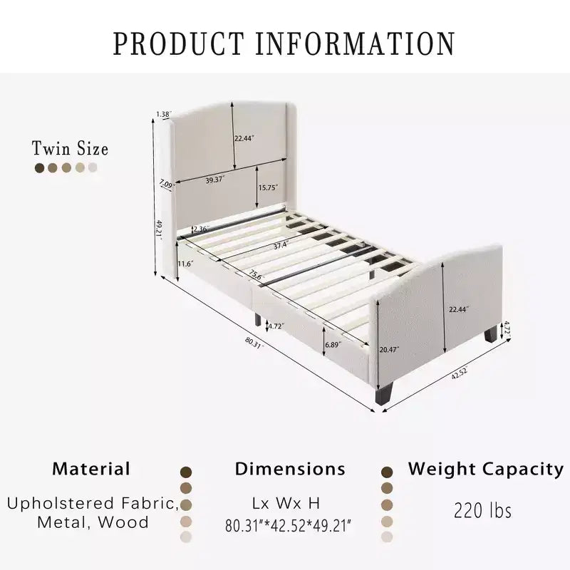Cadre de lit plateforme toutes tailles avec tête de lit capitonnée en tissu Teddy, aucun sommier tapissier requis