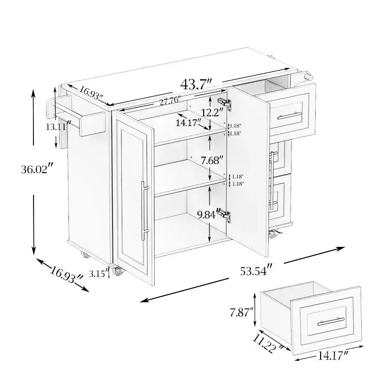 Îlot de cuisine avec plateau en bois massif extensible, 2 portes et 3 tiroirs, chariot roulant, noir
