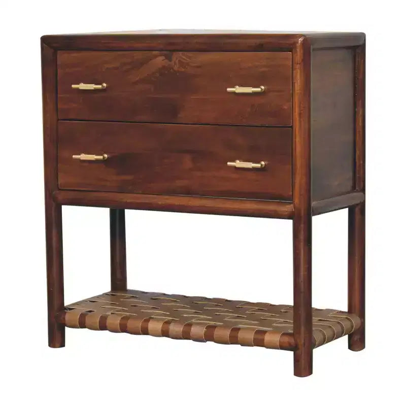 Table de chevet en bois massif brun de 32" avec deux tiroirs et une étagère en cuir