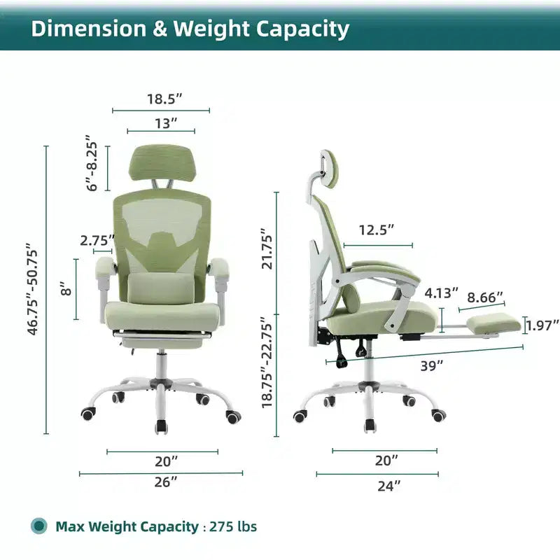 Chaise de bureau ergonomique avec repose-pieds rétractable, support lombaire et accoudoirs rembourrés, pivotante