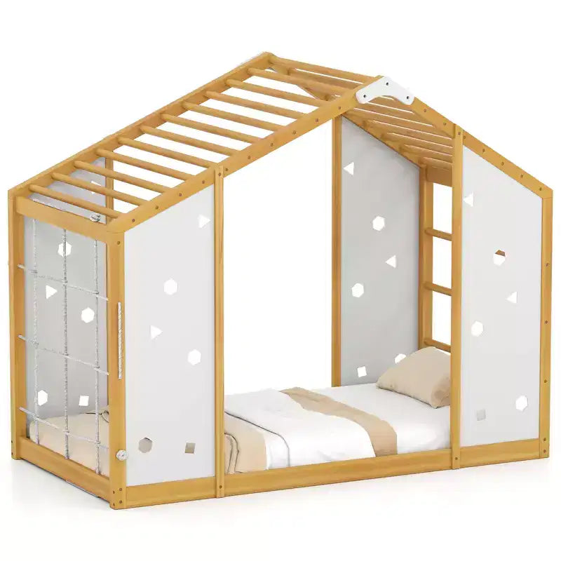 Lit d'escalade Montessori 2 en 1 taille double avec barres de singe pour garçons et filles