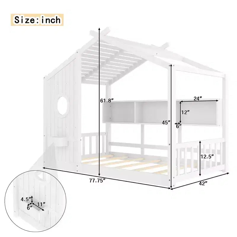 Lit de sol Montessori double en bois de pin massif avec étagère de rangement et toit