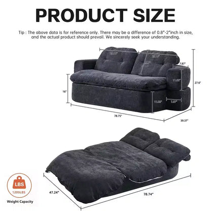 Canapé futon de sol convertible en tissu chenille avec dossier confortable et oreillers, salon et chambre à coucher