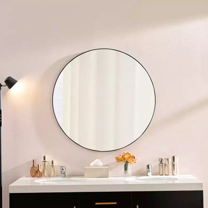 Okak 36IN Modern Round Mirror with Narrow Aluminum Frame, Wall Mount Bathroom Mirror, Vanity Mirror for Bathroom, Living Room, Black