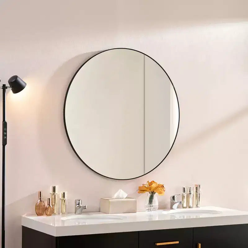 Miroir mural rond moderne 36 po avec cadre en aluminium étroit, pour salle de bain et salon, noir