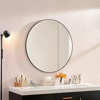Miroir mural rond moderne 36 po avec cadre en aluminium étroit, pour salle de bain et salon, noir