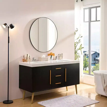 Miroir mural rond moderne 36 po avec cadre en aluminium étroit, pour salle de bain et salon, noir