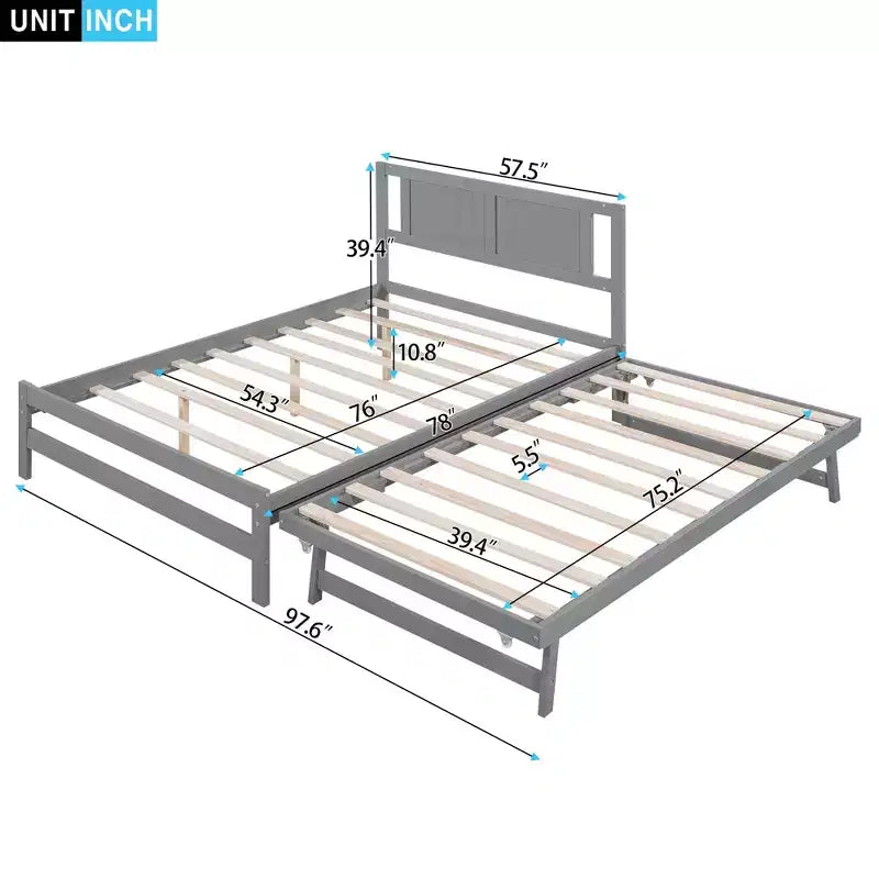 Lit plateforme double avec lit gigogne réglable simple, cadre de lit double en bois avec tête de lit pour chambre à coucher