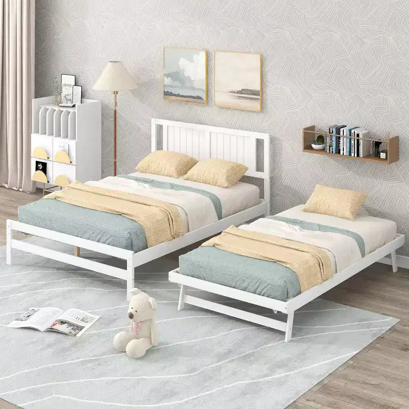 Lit plateforme double avec lit gigogne réglable simple, cadre de lit double en bois avec tête de lit pour chambre à coucher