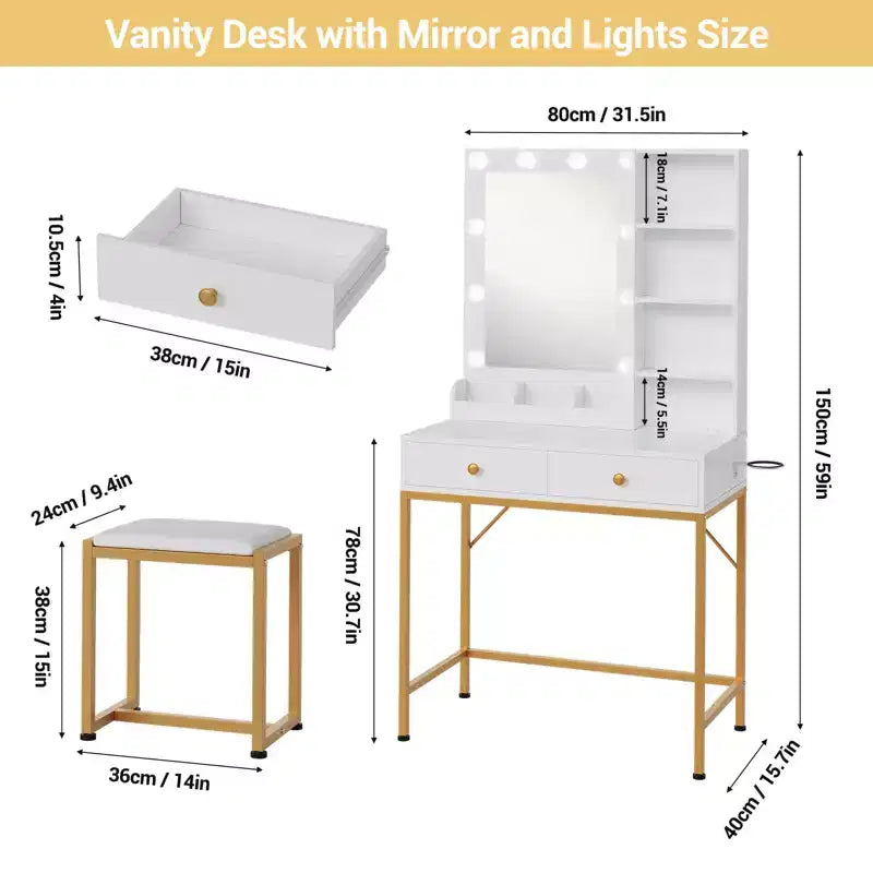 Coiffeuse avec miroir, 3 modes d'éclairage, 2 tiroirs, station de charge et tabouret pour chambre à coucher