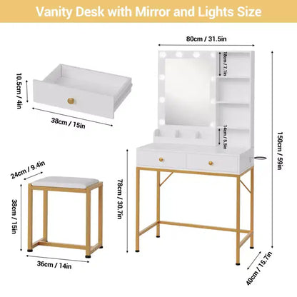 Coiffeuse avec miroir, 3 modes d'éclairage, 2 tiroirs, station de charge et tabouret pour chambre à coucher