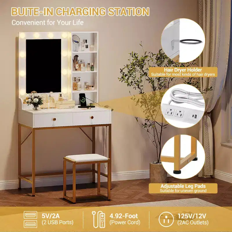 Coiffeuse avec miroir, 3 modes d'éclairage, 2 tiroirs, station de charge et tabouret pour chambre à coucher