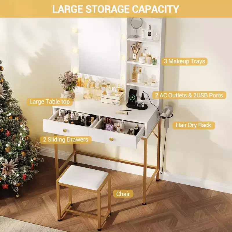 Coiffeuse avec miroir, 3 modes d'éclairage, 2 tiroirs, station de charge et tabouret pour chambre à coucher