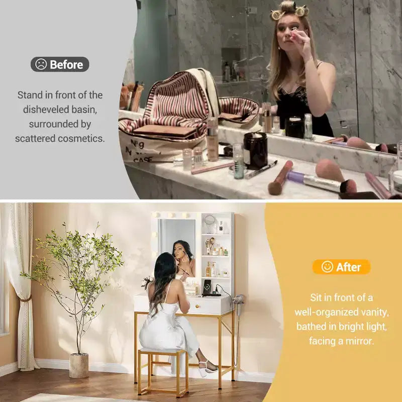 Coiffeuse avec miroir, 3 modes d'éclairage, 2 tiroirs, station de charge et tabouret pour chambre à coucher