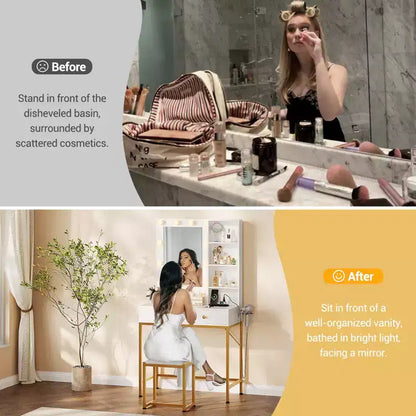 Coiffeuse avec miroir, 3 modes d'éclairage, 2 tiroirs, station de charge et tabouret pour chambre à coucher