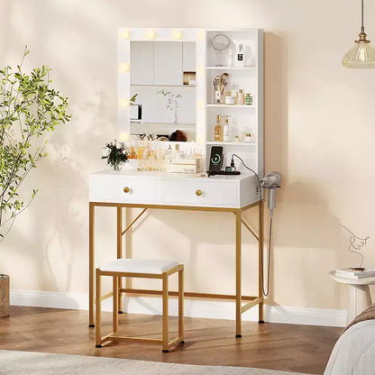 Coiffeuse avec miroir, 3 modes d'éclairage, 2 tiroirs, station de charge et tabouret pour chambre à coucher