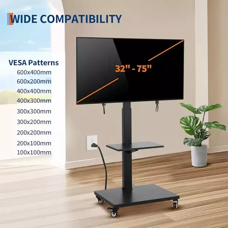 Chariot TV mobile réglable en hauteur avec base pivotante/inclinable, roulettes verrouillables et étagère ouverte, convient aux téléviseurs de 32" à 75"
