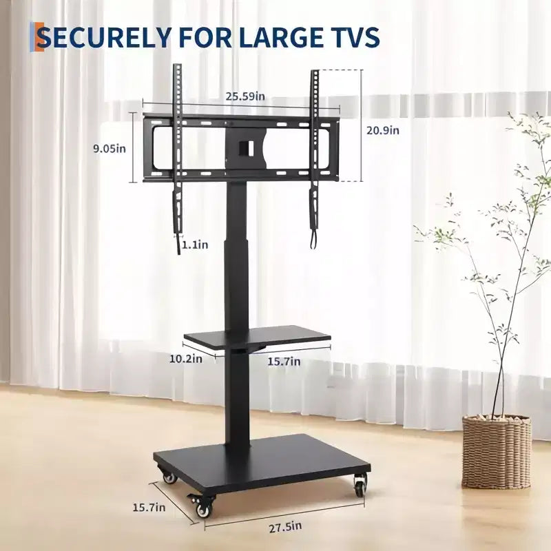 Chariot TV mobile réglable en hauteur avec base pivotante/inclinable, roulettes verrouillables et étagère ouverte, convient aux téléviseurs de 32" à 75"