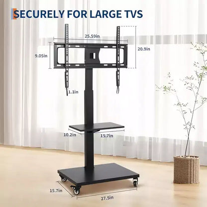 Chariot TV mobile réglable en hauteur avec base pivotante/inclinable, roulettes verrouillables et étagère ouverte, convient aux téléviseurs de 32" à 75"