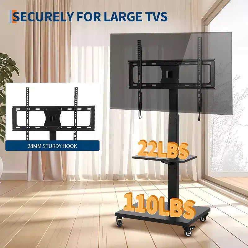 Chariot TV mobile réglable en hauteur avec base pivotante/inclinable, roulettes verrouillables et étagère ouverte, convient aux téléviseurs de 32" à 75"