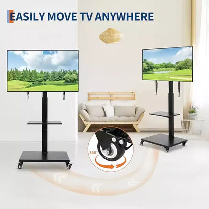Chariot TV mobile réglable en hauteur avec base pivotante/inclinable, roulettes verrouillables et étagère ouverte, convient aux téléviseurs de 32" à 75"