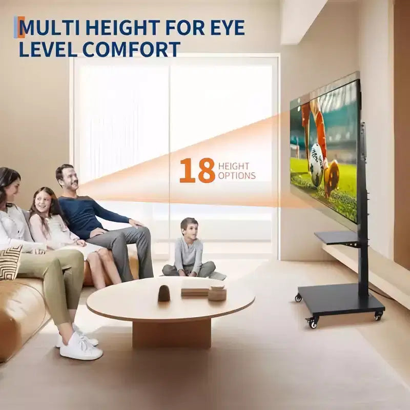 Chariot TV mobile réglable en hauteur avec base pivotante/inclinable, roulettes verrouillables et étagère ouverte, convient aux téléviseurs de 32" à 75"