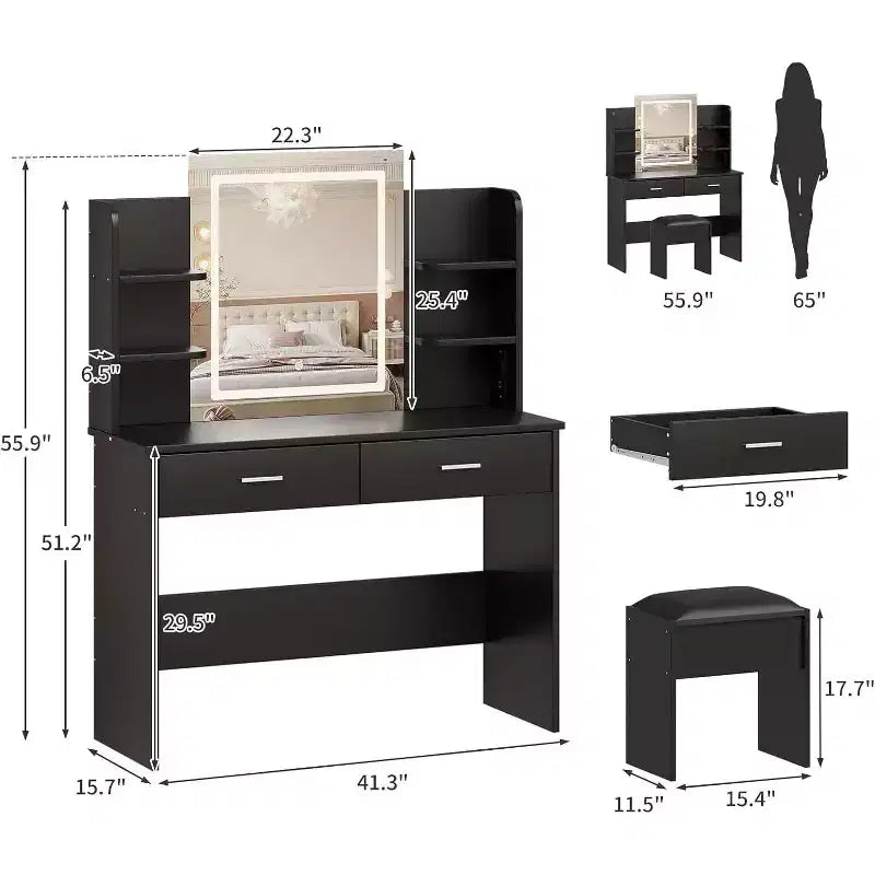 Coiffeuse avec miroir lumineux, tabouret, prise de courant, 6 étagères et 2 tiroirs, LED 3 couleurs, noire