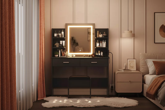 Coiffeuse avec miroir lumineux, tabouret, prise de courant, 6 étagères et 2 tiroirs, LED 3 couleurs, noire