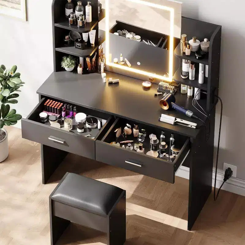 Coiffeuse avec miroir lumineux, tabouret, prise de courant, 6 étagères et 2 tiroirs, LED 3 couleurs, noire