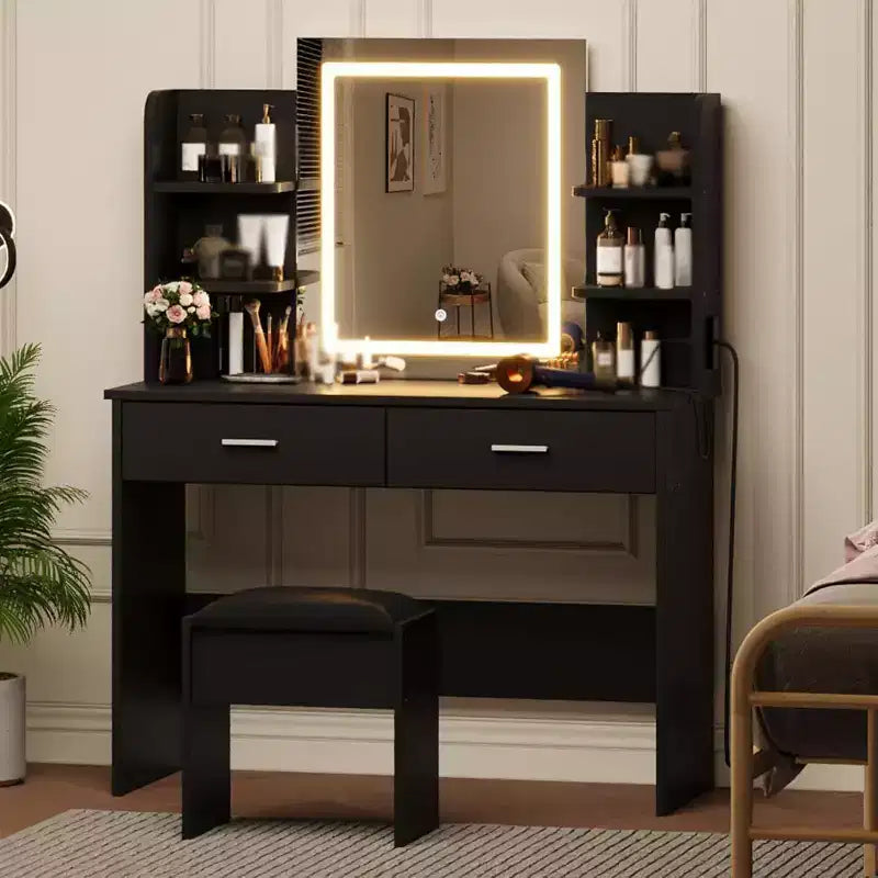 Coiffeuse avec miroir lumineux, tabouret, prise de courant, 6 étagères et 2 tiroirs, LED 3 couleurs, noire
