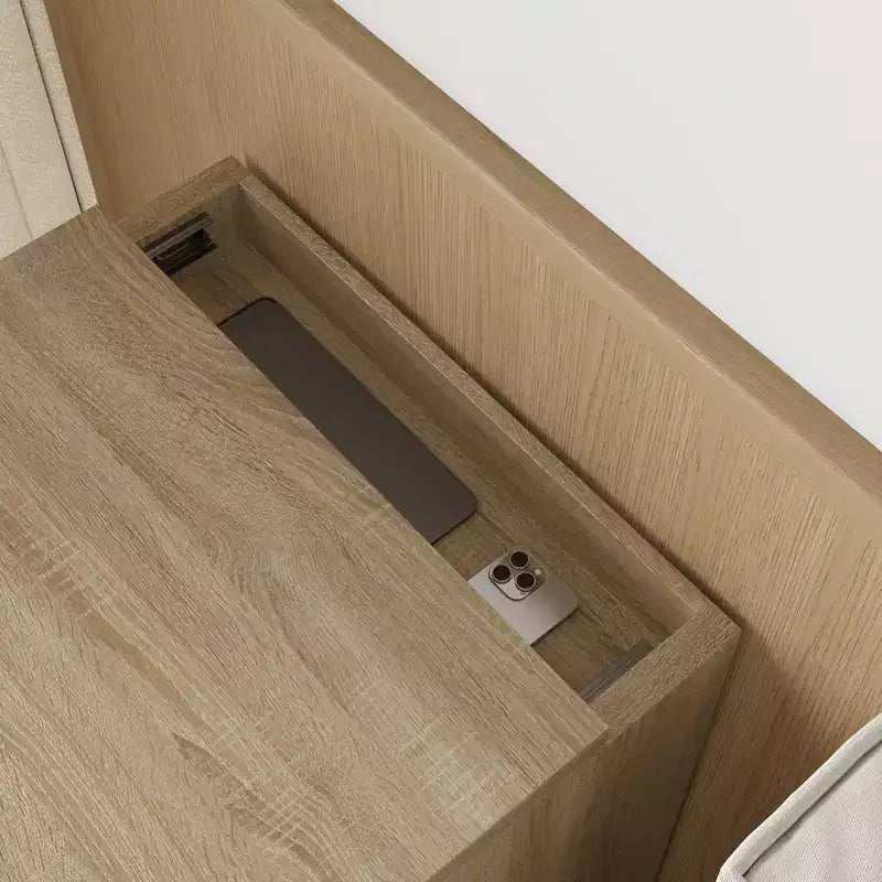 Table de chevet en chêne clair intelligent avec tiroir caché, porte basculante à verrouillage NFC et tiroir inférieur à ouverture par pression, table de chevet