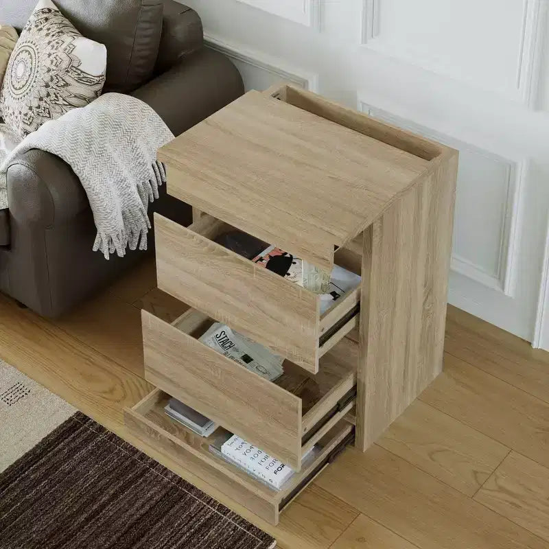 Table de chevet en chêne clair intelligent avec tiroir caché, porte basculante à verrouillage NFC et tiroir inférieur à ouverture par pression, table de chevet
