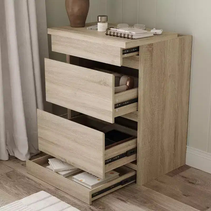 Table de chevet en chêne clair intelligent avec tiroir caché, porte basculante à verrouillage NFC et tiroir inférieur à ouverture par pression, table de chevet