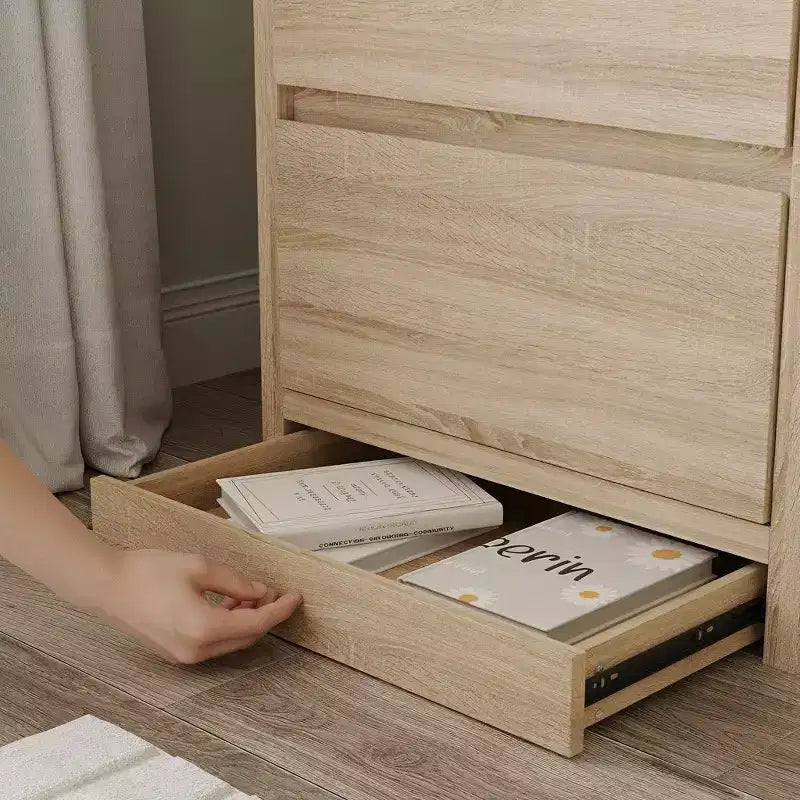 Table de chevet en chêne clair intelligent avec tiroir caché, porte basculante à verrouillage NFC et tiroir inférieur à ouverture par pression, table de chevet