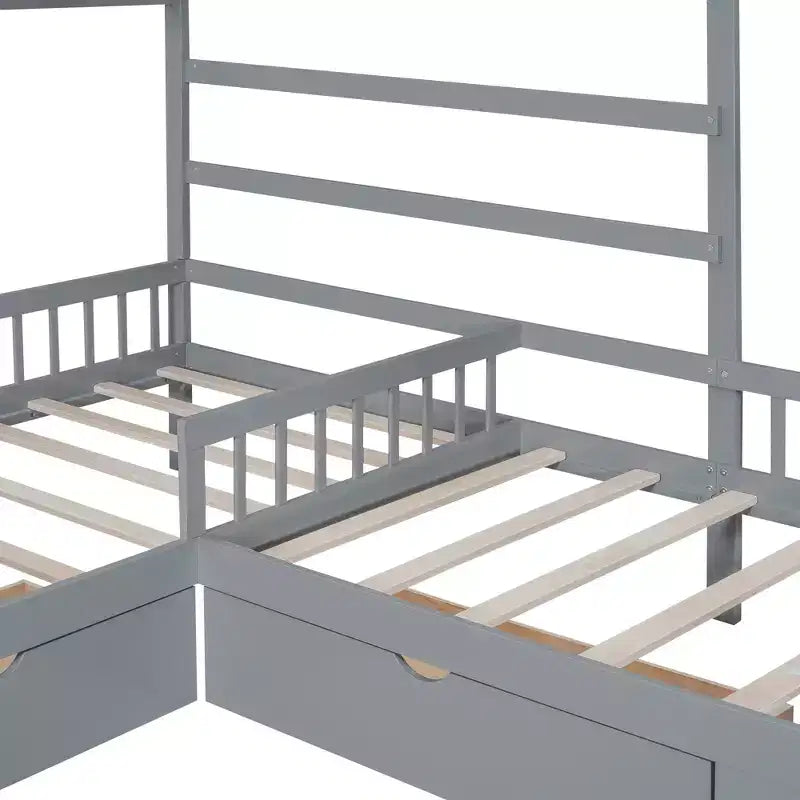 Lit superposé d'angle en L pour 2 enfants, lit plateforme double en forme de maison avec 3 tiroirs de rangement, lits superposés doubles en bois avec clôture et toit