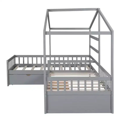 Lit superposé d'angle en L pour 2 enfants, lit plateforme double en forme de maison avec 3 tiroirs de rangement, lits superposés doubles en bois avec clôture et toit