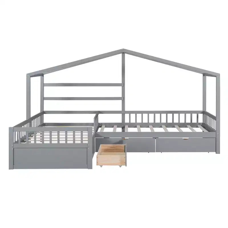 Lit superposé d'angle en L pour 2 enfants, lit plateforme double en forme de maison avec 3 tiroirs de rangement, lits superposés doubles en bois avec clôture et toit