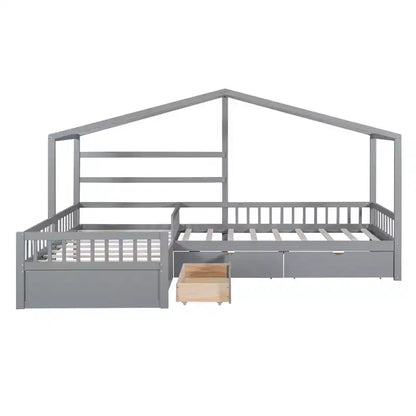 Lit superposé d'angle en L pour 2 enfants, lit plateforme double en forme de maison avec 3 tiroirs de rangement, lits superposés doubles en bois avec clôture et toit