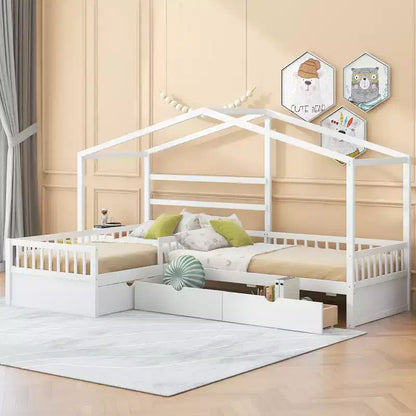 Lit superposé d'angle en L pour 2 enfants, lit plateforme double en forme de maison avec 3 tiroirs de rangement, lits superposés doubles en bois avec clôture et toit