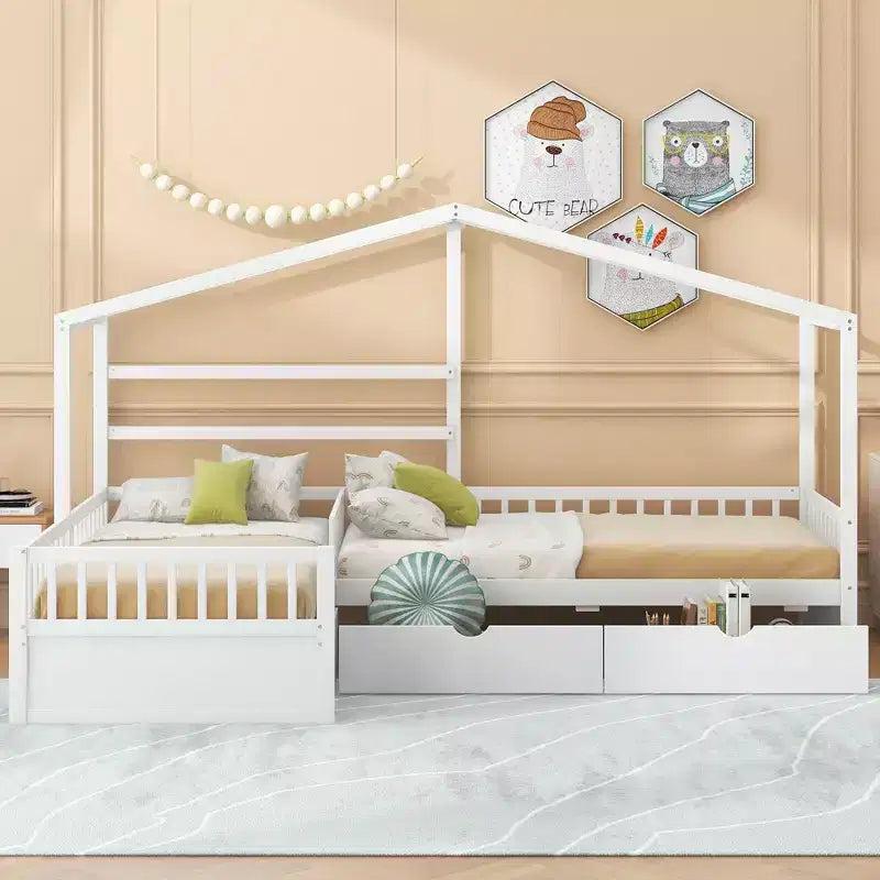 Lit superposé d'angle en L pour 2 enfants, lit plateforme double en forme de maison avec 3 tiroirs de rangement, lits superposés doubles en bois avec clôture et toit