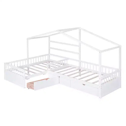 Lit superposé d'angle en L pour 2 enfants, lit plateforme double en forme de maison avec 3 tiroirs de rangement, lits superposés doubles en bois avec clôture et toit