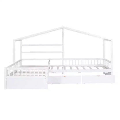 Lit superposé d'angle en L pour 2 enfants, lit plateforme double en forme de maison avec 3 tiroirs de rangement, lits superposés doubles en bois avec clôture et toit