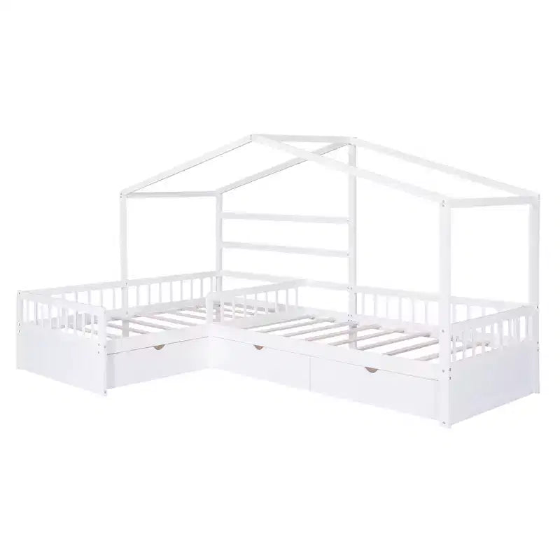 Lit superposé d'angle en L pour 2 enfants, lit plateforme double en forme de maison avec 3 tiroirs de rangement, lits superposés doubles en bois avec clôture et toit