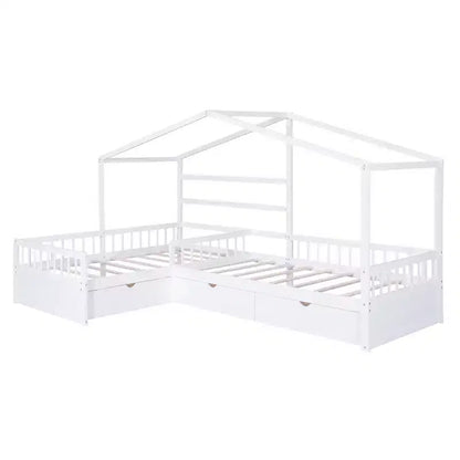 Lit superposé d'angle en L pour 2 enfants, lit plateforme double en forme de maison avec 3 tiroirs de rangement, lits superposés doubles en bois avec clôture et toit