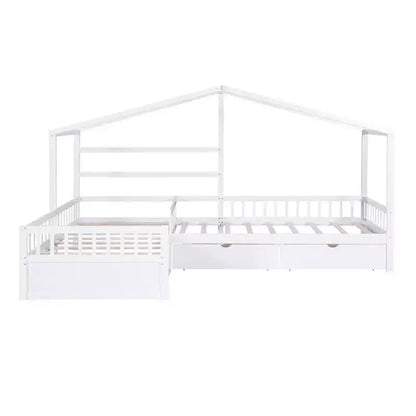 Lit superposé d'angle en L pour 2 enfants, lit plateforme double en forme de maison avec 3 tiroirs de rangement, lits superposés doubles en bois avec clôture et toit