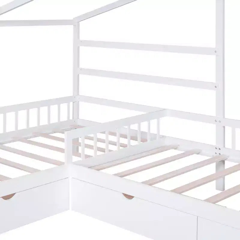 Lit superposé d'angle en L pour 2 enfants, lit plateforme double en forme de maison avec 3 tiroirs de rangement, lits superposés doubles en bois avec clôture et toit