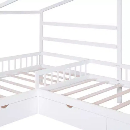 Lit superposé d'angle en L pour 2 enfants, lit plateforme double en forme de maison avec 3 tiroirs de rangement, lits superposés doubles en bois avec clôture et toit
