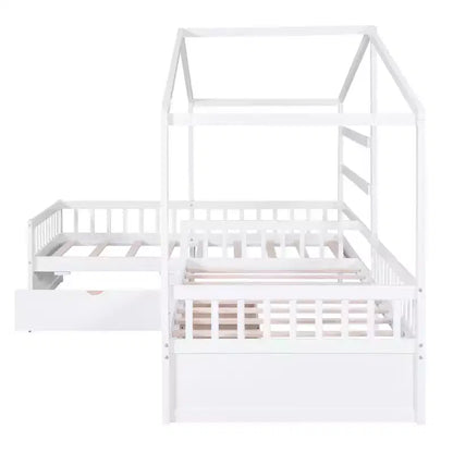 Lit superposé d'angle en L pour 2 enfants, lit plateforme double en forme de maison avec 3 tiroirs de rangement, lits superposés doubles en bois avec clôture et toit