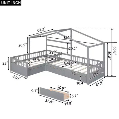 Lit superposé d'angle en L pour 2 enfants, lit plateforme double en forme de maison avec 3 tiroirs de rangement, lits superposés doubles en bois avec clôture et toit